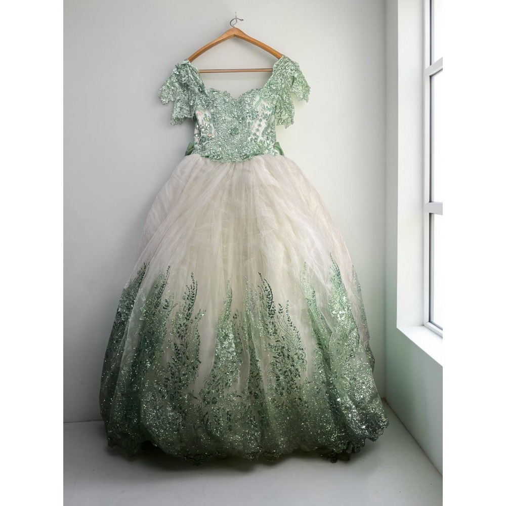 Fairycore Womens Quinceañera Ombre Floral Sequin Ball Gown 12 Green